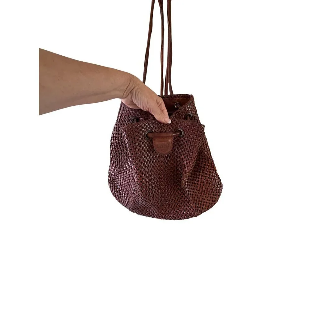 DKNY Womens Backpack Brown Woven Leather Vintage 1990s Casual